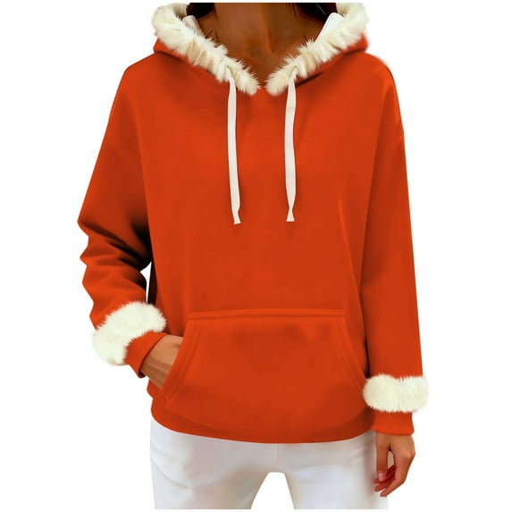 Furry Fur Trim Hoodies for Women Long Sleeve Loose Sweatshirts Pullover Casual Hooded Tunic Tops with Pocket