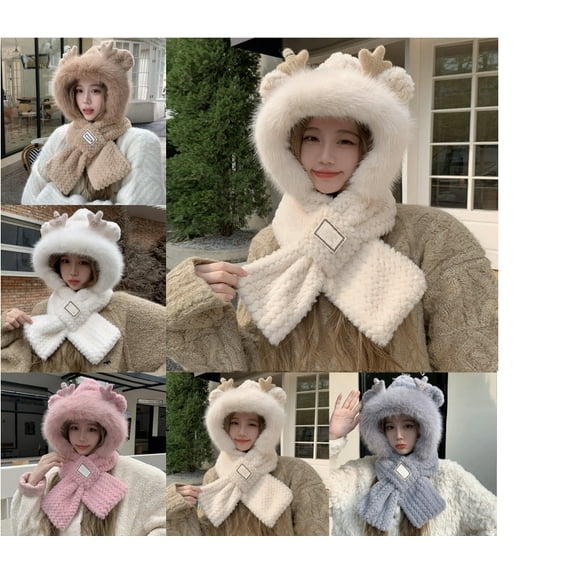 Furry Hat Hooded Scarf Women Cute Animal Ears Faux Fur Winter Warm Thermal Outdoor Cold Weather Fuzzy Hats with Facemask Beige Free