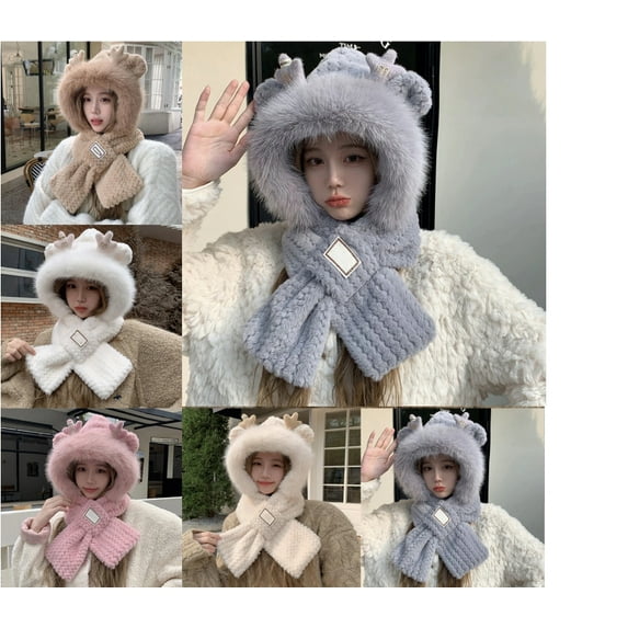 Furry Hat Hooded Scarf Women Cute Animal Ears Faux Fur Winter Warm Thermal Outdoor Cold Weather Fuzzy Hats with Facemask Gray Free