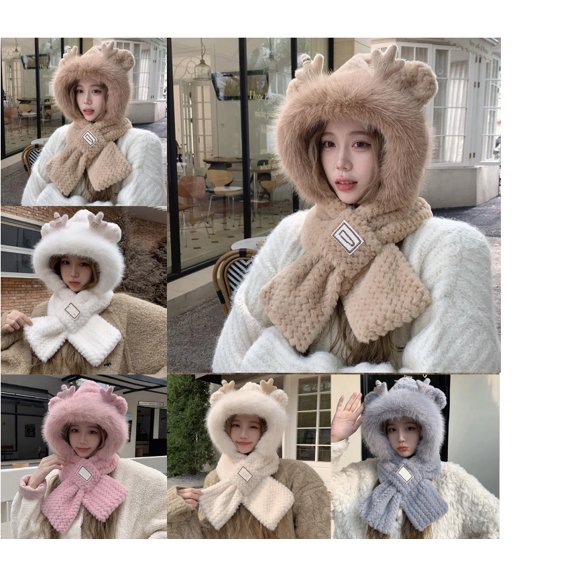 Furry Hat Hooded Scarf Women Cute Animal Ears Faux Fur Winter Warm Thermal Outdoor Cold Weather Fuzzy Hats with Facemask Khaki Free