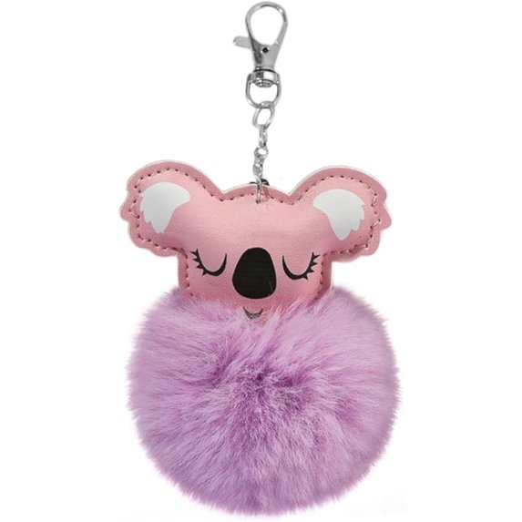 Furry Koala and Pompom Ball Keychain - Cute Animal Themed Keyring for Women and Girls