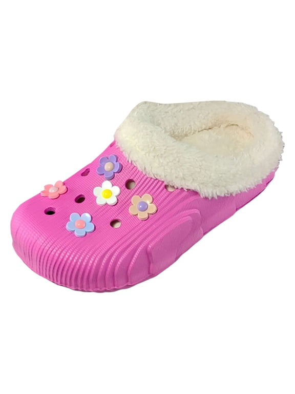 Furry Lined Womens Slippers Wide Width Non Slip House Slipper Cute Floral Clogs Non Slip Lightweight Warm Walking Shoes Pink Size 6