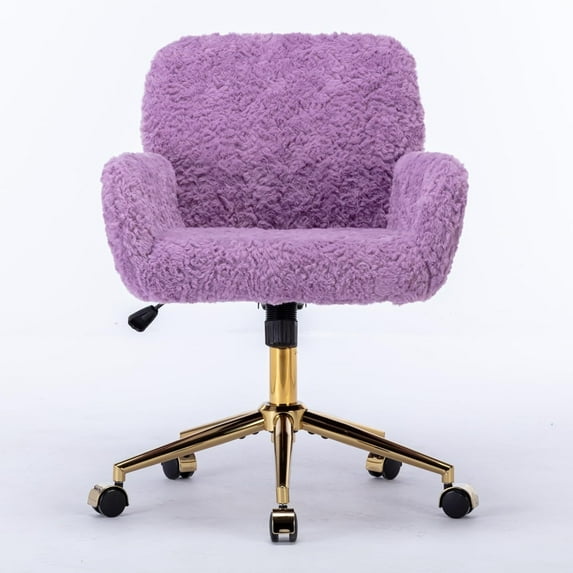 Furry Office Desk Chair, Modern Vanity Chair with Wheels/Gold Base Small Home Office Chair Height Adjustable for Teen Girls, Cute Swivel Upholstered Armchair Study Chair for Living Room
