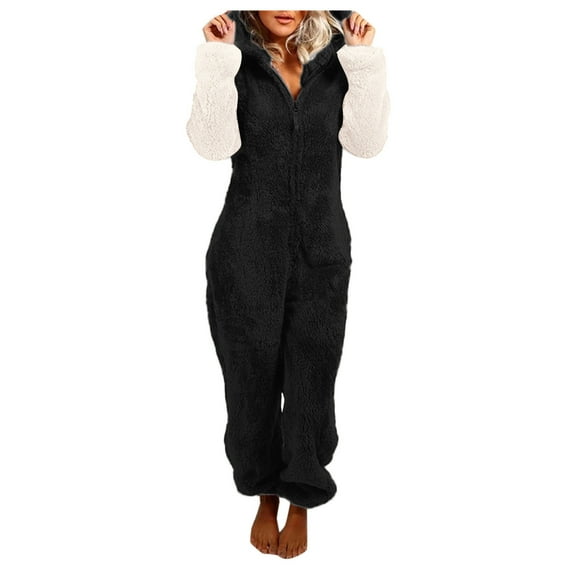 Furry Pajamas for Women Fluffy Zip Up Hooded Onesie Jumpsuit Cute Fuzzy Patchwork Winter Rompers One Piece Playsuit