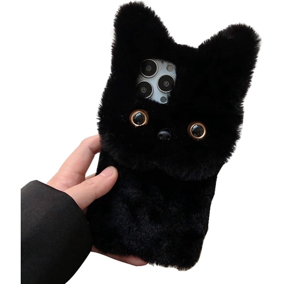 Furry Plush Case for Apple iPhone 7/8/SE2/SE3 Phone Case Fluffy Girls Cute Winter Warm Hair Handmade Cat Cover Shockproof Protective Kawaii Cover for Girls Women(Black)