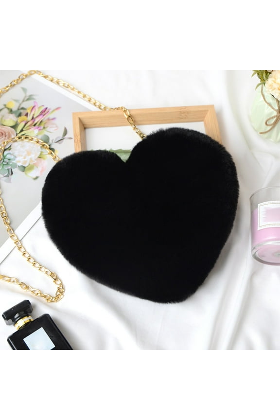 Furry Purse for Girls,Heart Shaped Fluffy Faux Fur Handbag for Women,Soft Small Shoulder Bag Clutch Purse,Heart Purses for Women with Chain Crossbody,Unique Plush Purses for Women Valentine