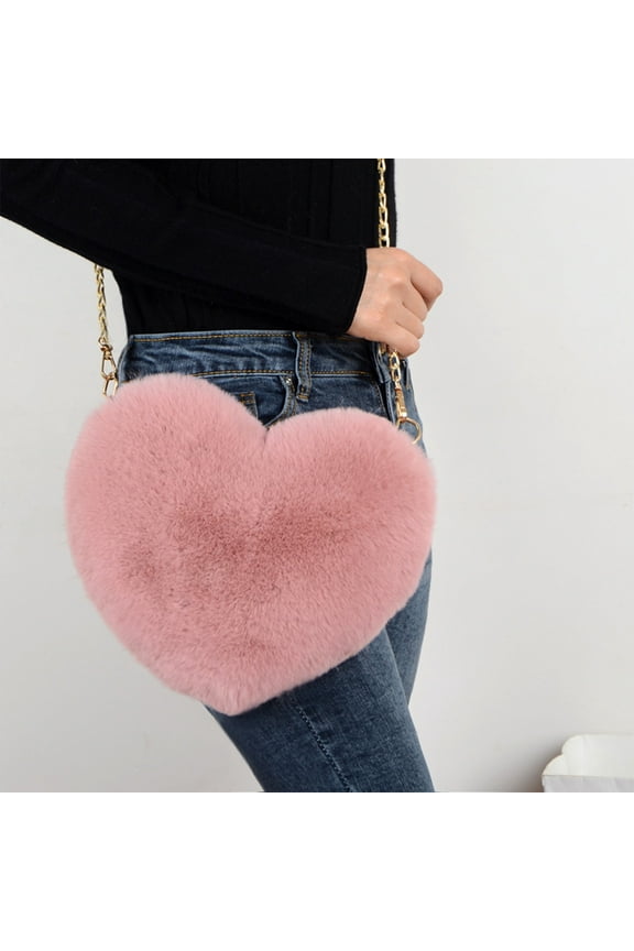 Furry Purse for Girls,Pink Heart Shaped Fluffy Faux Fur Handbag for Women,Soft Small Shoulder Bag Clutch Purse,Heart Purses for Women with Chain Crossbody,Unique Plush Purses for Women Valentine