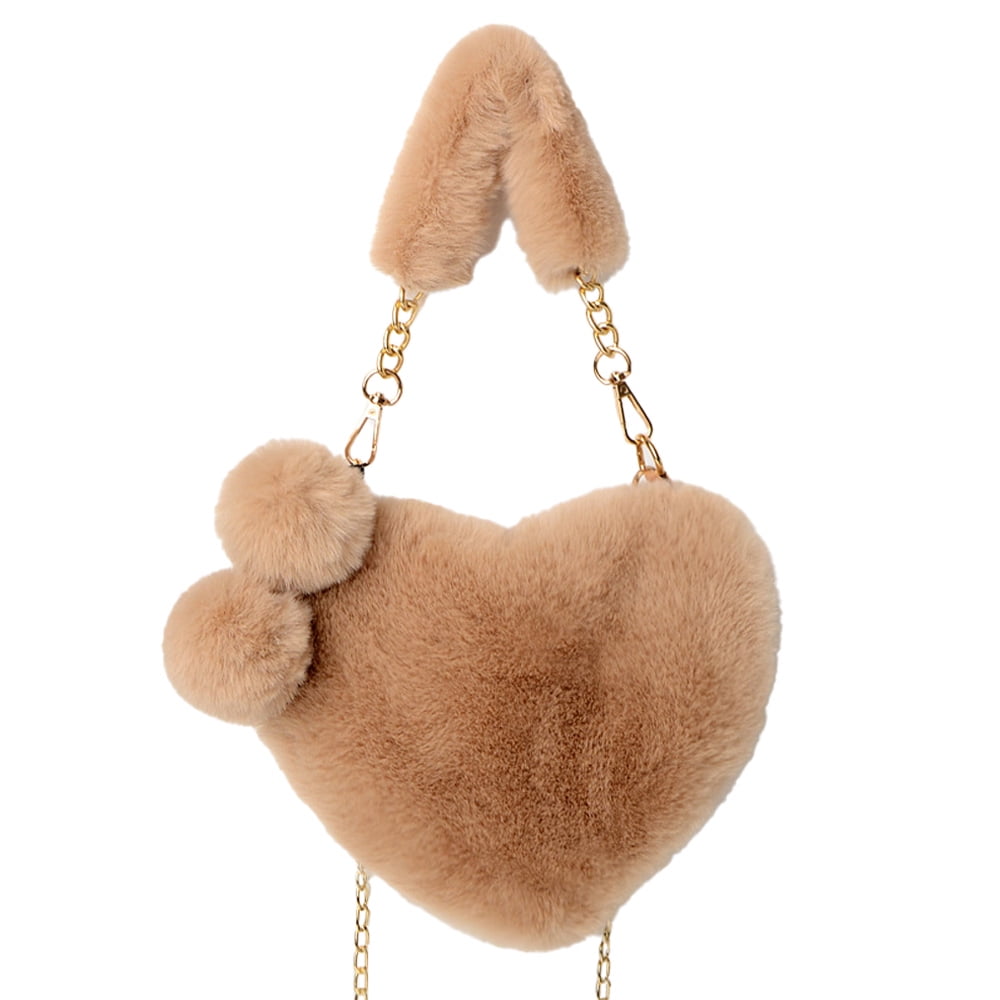 Cute Love Heart Mink Fur Fluffy Handbag Purse Car Key ring Phone Key Chain