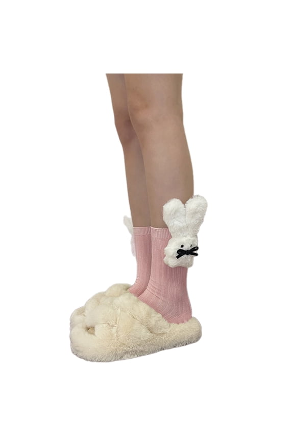 Furry Rabbits Kneehigh Socks for Adult Girl Cotton Midcalf Socks Breathable Spring Socks for Dress Kids Hosiery Socks
