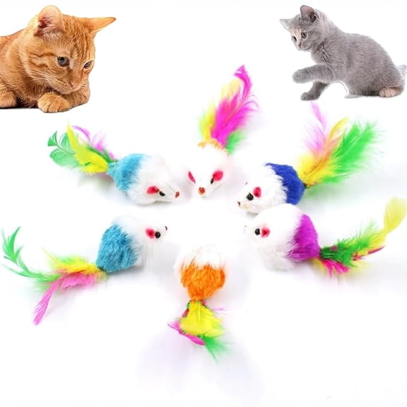 Furry Rattle Mouse Toy Interactive Cat Toy with Feather Tail Realistic Mice Toy for Bored Indoor Adult Cats Durable Faux Fur Pet Exercise Chasing Play Toy Multicolor