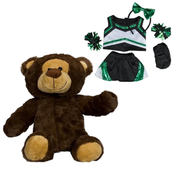 New Furry Romeo the Bear 16-Inch Plush Toy - Metallic Green & Black Cheerleader Costume with Cheer Bow and Pompoms, Perfect Gift!