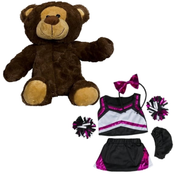 Furry Romeo the Bear Stuffed Toy in Metallic Hot Pink & Black Cheerleader Costume - Includes Cheer Bow and Pompoms - 16 Inch Cute Stuffed Animal Cheer Gift for Kids