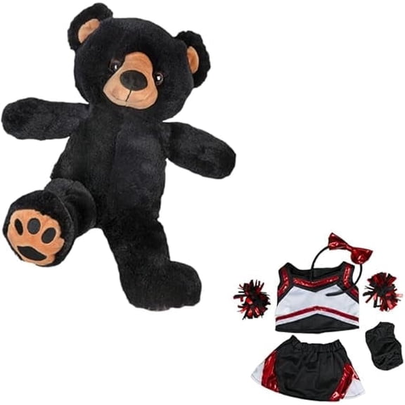 Furry Romeo the Bear Stuffed Toy in Metallic Red & Black Cheerleader Costume - Includes Cheer Bow and Pompoms - 16-inch Cute Stuffed Animal Cheer Gift for Kids