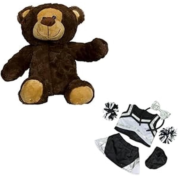 New Furry Romeo the Bear Stuffed Toy in Metallic Silver & Black Cheerleader Costume - Includes Cheer Bow and Pompoms - 16 Inch Cute Stuffed Animal Cheer Gift for Kids