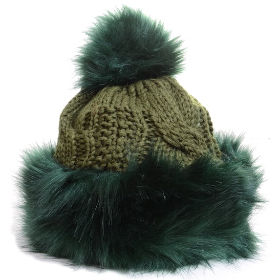 Furry Sherpa Lined Vegan Pom Pom Fashion Winter Knit Beanie Hat - Green