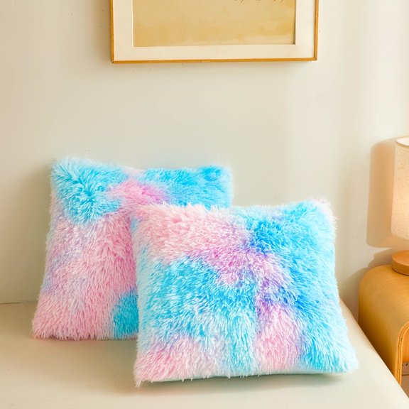 Furry Tie Dye Blue Throw Pillow Cover Ultra Soft Fuzzy Fluffy Throw Pillow Covers with Plush Texture and Shaggy Touch, Faux Fur Cushion Shams for Sofa or Bed, Set of 2 with Zipper 18"x18"