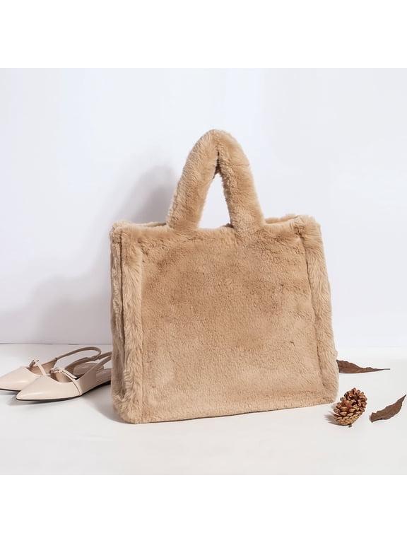 Furry Tote Bag for Women Cozzy Faux Fur Handbag Large Capacity Purse for Traveling Commutting