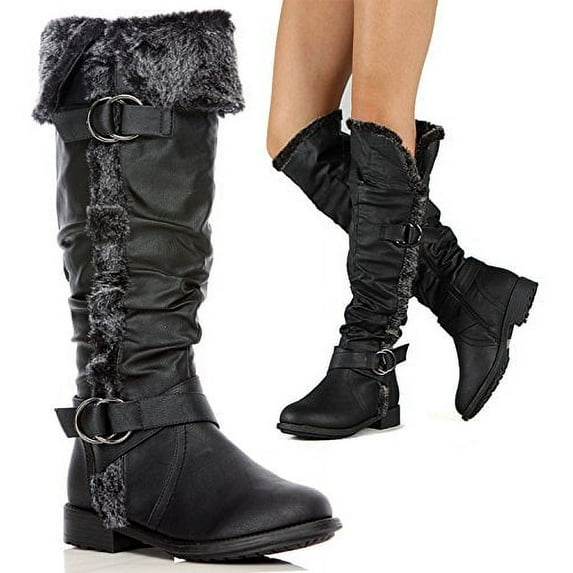 Furry Vegan Leather Knee High Slouchy Rider Boots
