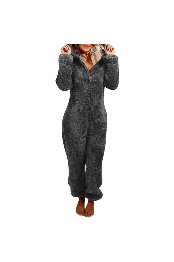 Furry Warm Jumpsuit for Women 2024 Plus Size Solid Fleece Onesie Romper Winter Lounge Pajamas Cute Cat Ear Hooded Pjs