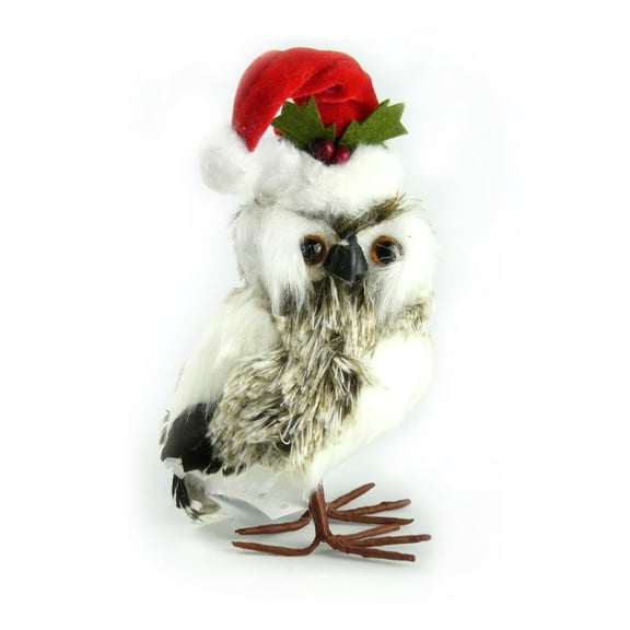 Furry White Snow Owl in Christmas Santa Hat for Tabletop, Mantle, Countertop, Holiday Decor