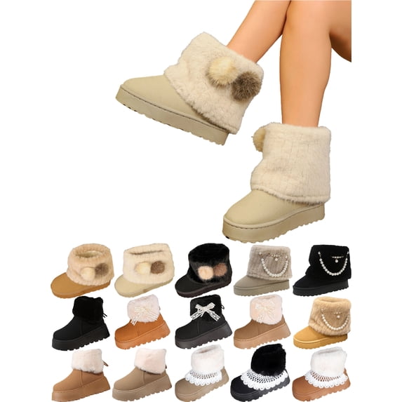 Furry Winter Boots for Women Snow Ankle Boot Pull On Fuzzy Comfortable Walking Shoes Winter Warm Shoes Round Toe Thick Sole Casual Boots