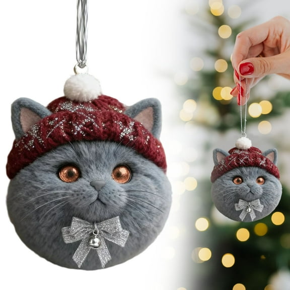 Furry Winter Cat Hanging Ornament with Hat & Bell, Furry Shatterproof Christmas Tree Decoration, Cute Animal Hanging Wall Decor for Holiday Home Decor