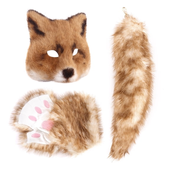Furry Wolf Fox Mask Tail and Paw Gloves Set, Adult Halloween Fox Wolf Mask Animal Fursuit Therian Party Costume
