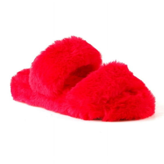 Furry double strap women's slide on sandals