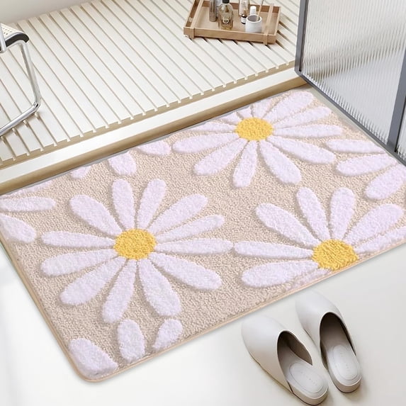 Sortora Beige Bathroom Rugs Cute Daisy Bath Mat White and Yellow Flower Decor Rug Non Slip Floor Carpet Microfiber Bathmat Super Absorbent Machine Washable Bathtub Mats for Shower (20x32 inch)