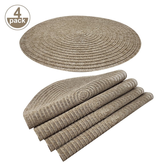 EVNELE Beige Placemats Set of 4, Washable Woven Vinyl Round Place Mats for Kitchen Dinner Table, Anti-Slip Heat Resistant PVC Table Mats,Easy to Clean
