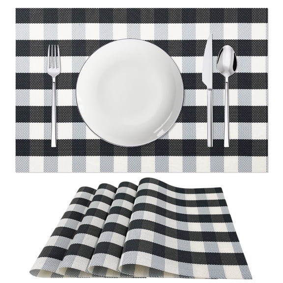 Sortora Black and Blue Buffalo Plaid Placemats Set of 4, PVC Checkered Woven Placemats for Dining Table, Heat-Resistant Placemats Stain Resistant Anti-Skid Washable Kitchen Table Mats