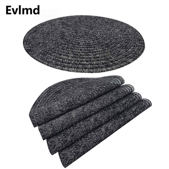 Furrygo Black Placemats Set of 4, Washable Woven Vinyl Round Place Mats for Kitchen Dinner Table, Anti-Slip Heat Resistant PVC Table Mats,Easy to Clean