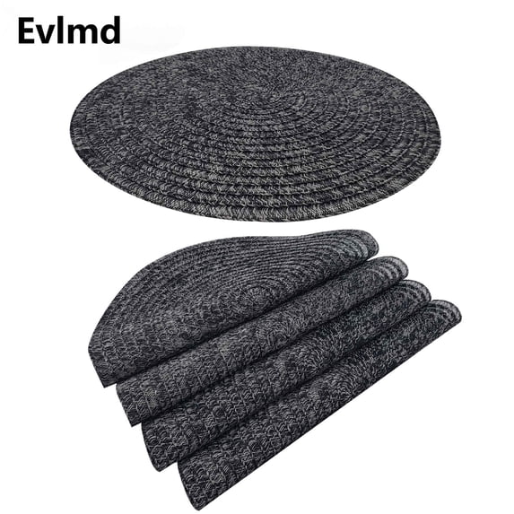Furrygo Black Placemats Set of 4, Washable Woven Vinyl Round Place Mats for Kitchen Dinner Table, Anti-Slip Heat Resistant PVC Table Mats,Easy to Clean