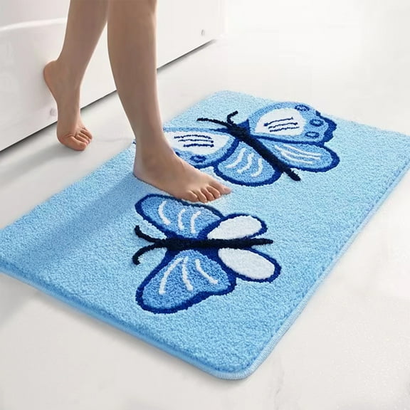 Furrygo Blue Bathroom Rug, Butterfly Pattern Microfiber Shaggy Bathroom Mats |Absorbent |Non Slip |16" x 24"