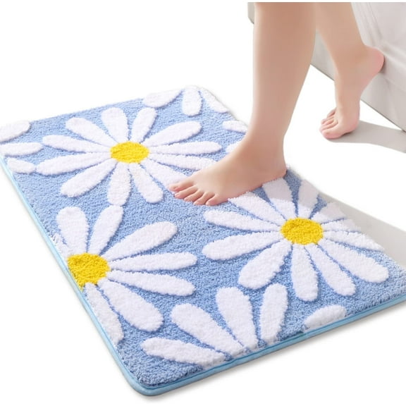 EVNELE Blue Bathroom Rugs Cute Daisy Bath Mat White and Yellow Flower Decor Rug Non Slip Floor Carpet Microfiber Bathmat Super Absorbent Machine Washable Bathtub Mats for Shower (16x24 inch)