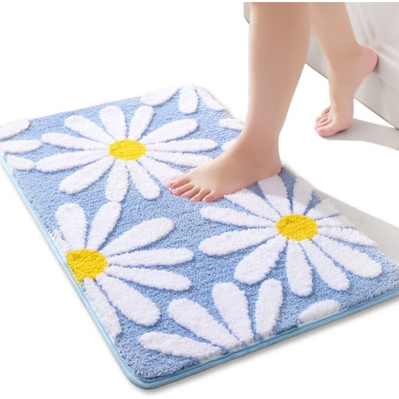 EVNELE Blue Bathroom Rugs Cute Daisy Bath Mat White and Yellow Flower Decor Rug Non Slip Floor Carpet Microfiber Bathmat Super Absorbent Machine Washable Bathtub Mats for Shower (16x24 inch)