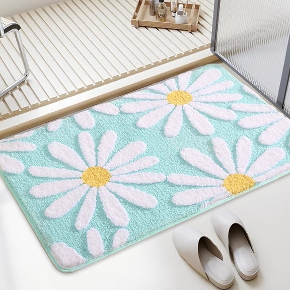 Sortora Cyan Bathroom Rugs Cute Daisy Bath Mat White and Yellow Flower Decor Rug Non Slip Floor Carpet Microfiber Bathmat Super Absorbent Machine Washable Bathtub Mats for Shower (16x24 inch)