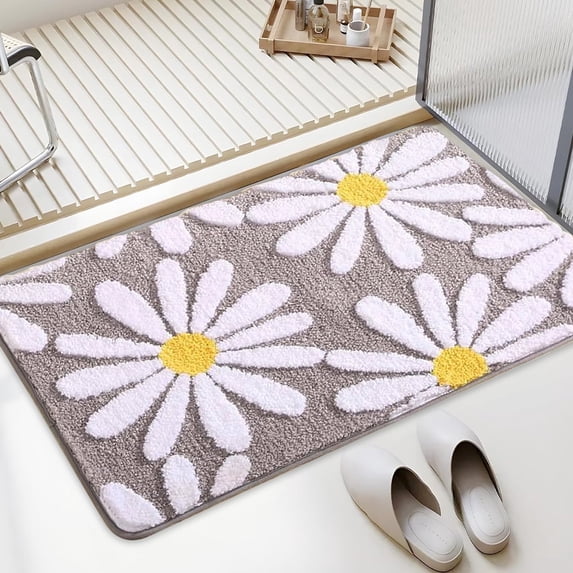 Sortora Gray Bathroom Rugs Cute Daisy Bath Mat White and Yellow Flower Decor Rug Non Slip Floor Carpet Microfiber Bathmat Super Absorbent Machine Washable Bathtub Mats for Shower (24x36 inch)