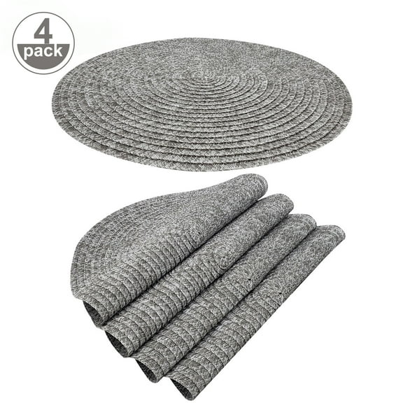Furrygo Gray Placemats Set of 4, Washable Woven Vinyl Round Place Mats for Kitchen Dinner Table, Anti-Slip Heat Resistant PVC Table Mats,Easy to Clean