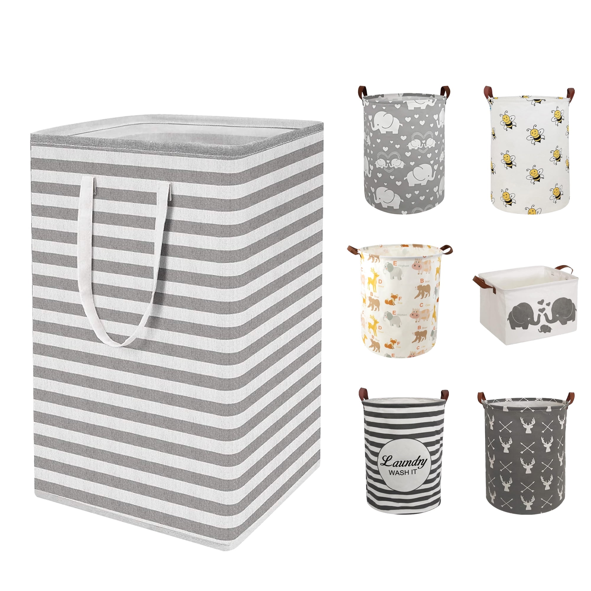 EVNELE Large Laundry Basket, Waterproof Canvas Laundry Hamper, Collapsible Storage Basket Bin for Kids Room, Toy Organizer, Nursery Hamper, Clothes Hamper, Gray Stripes