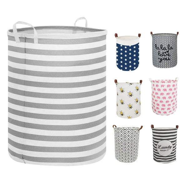 EVNELE Large Laundry Hamper, Waterproof Canvas Laundry Basket, Collapsible Storage Basket Bin for Kids Room, Toy Organizer, Nursery Hamper, Clothes Hamper, Gray Stripes