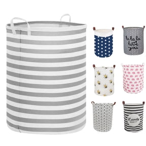 Sortora Large Laundry Hamper, Waterproof Canvas Laundry Basket, Collapsible Storage Basket Bin for Kids Room, Toy Organizer, Nursery Hamper, Clothes Hamper, Gray Stripes