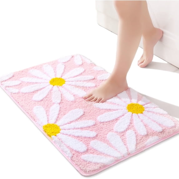 Sortora Pink Bathroom Rugs Cute Daisy Bath Mat White and Yellow Flower Decor Rug Non Slip Floor Carpet Microfiber Bathmat Super Absorbent Machine Washable Bathtub Mats for Shower (24x60 inch)
