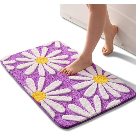 EVNELE Purple Bathroom Rugs Cute Daisy Bath Mat White and Yellow Flower Decor Rug Non Slip Floor Carpet Microfiber Bathmat Super Absorbent Machine Washable Bathtub Mats for Shower (16x24 inch)