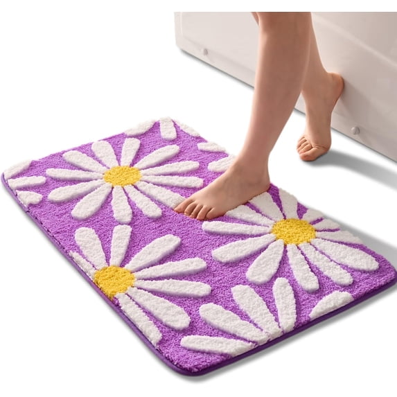 Sortora Purple Bathroom Rugs Cute Daisy Bath Mat White and Yellow Flower Decor Rug Non Slip Floor Carpet Microfiber Bathmat Super Absorbent Machine Washable Bathtub Mats for Shower (24x60 inch)