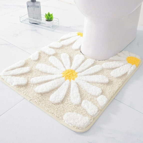 EVNELE Toilet Rugs U Shaped, Beige Toilet Mat Cute Daisy Contour Bath Rug, Thick Soft Machine Washable Toilet Carpet, Non Slip Bathroom Floor Mats Super Absorbent Microfiber Bath Rugs, 20"x24"