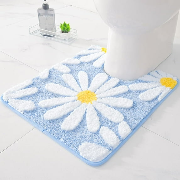 EVNELE Toilet Rugs U Shaped, Blue Toilet Mat Cute Daisy Contour Bath Rug, Thick Soft Machine Washable Toilet Carpet, Non Slip Bathroom Floor Mats Super Absorbent Microfiber Bath Rugs, 20"x20"
