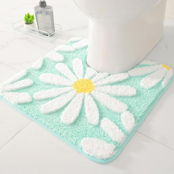 EVNELE Toilet Rugs U Shaped, Cyan Toilet Mat Cute Daisy Contour Bath Rug, Thick Soft Machine Washable Toilet Carpet, Non Slip Bathroom Floor Mats Super Absorbent Microfiber Bath Rugs, 20"x20"
