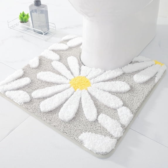 Sortora Toilet Rugs U Shaped, Gray Toilet Mat Cute Daisy Contour Bath Rug, Thick Soft Machine Washable Toilet Carpet, Non Slip Bathroom Floor Mats Super Absorbent Microfiber Bath Rugs, 20"x20"