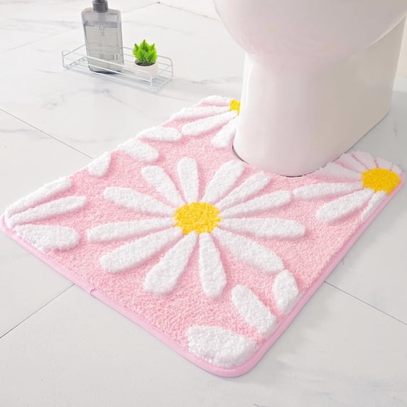 Sortora Toilet Rugs U Shaped, Pink Toilet Mat Cute Daisy Contour Bath Rug, Thick Soft Machine Washable Toilet Carpet, Non Slip Bathroom Floor Mats Super Absorbent Microfiber Bath Rugs, 20"x24"